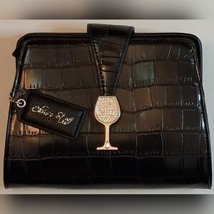 Chris's Stuff Black Croc-Embossed Crossbody Bag Wine Glass Magnetic Closure